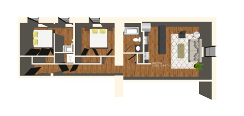 A floor plan of a room with a bathtub and a kitchenette.